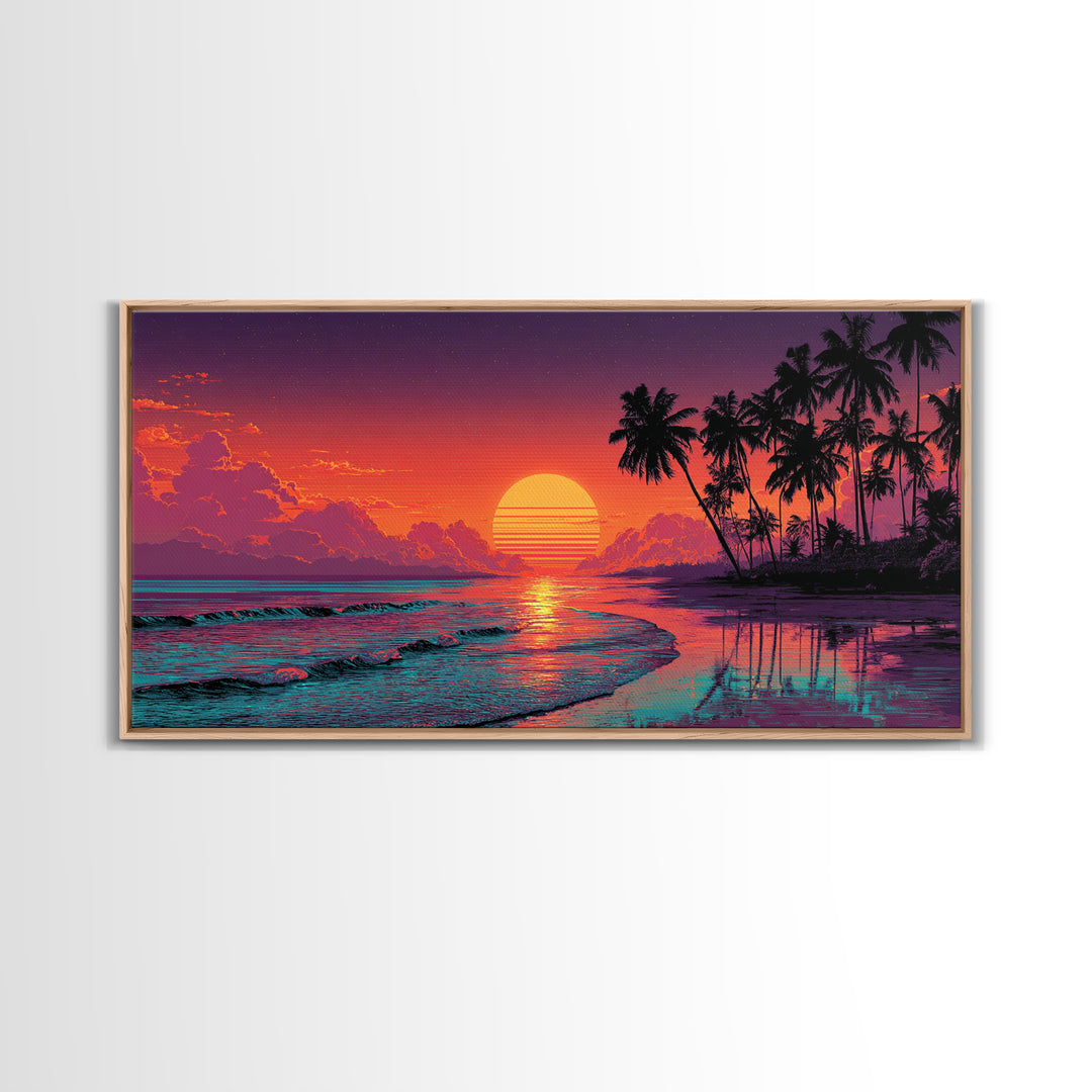 Sunset Tropical Beach Scene With Palm Trees And Calming Ocean Waves Aesthetic Wall Art For Coastal Home Decor