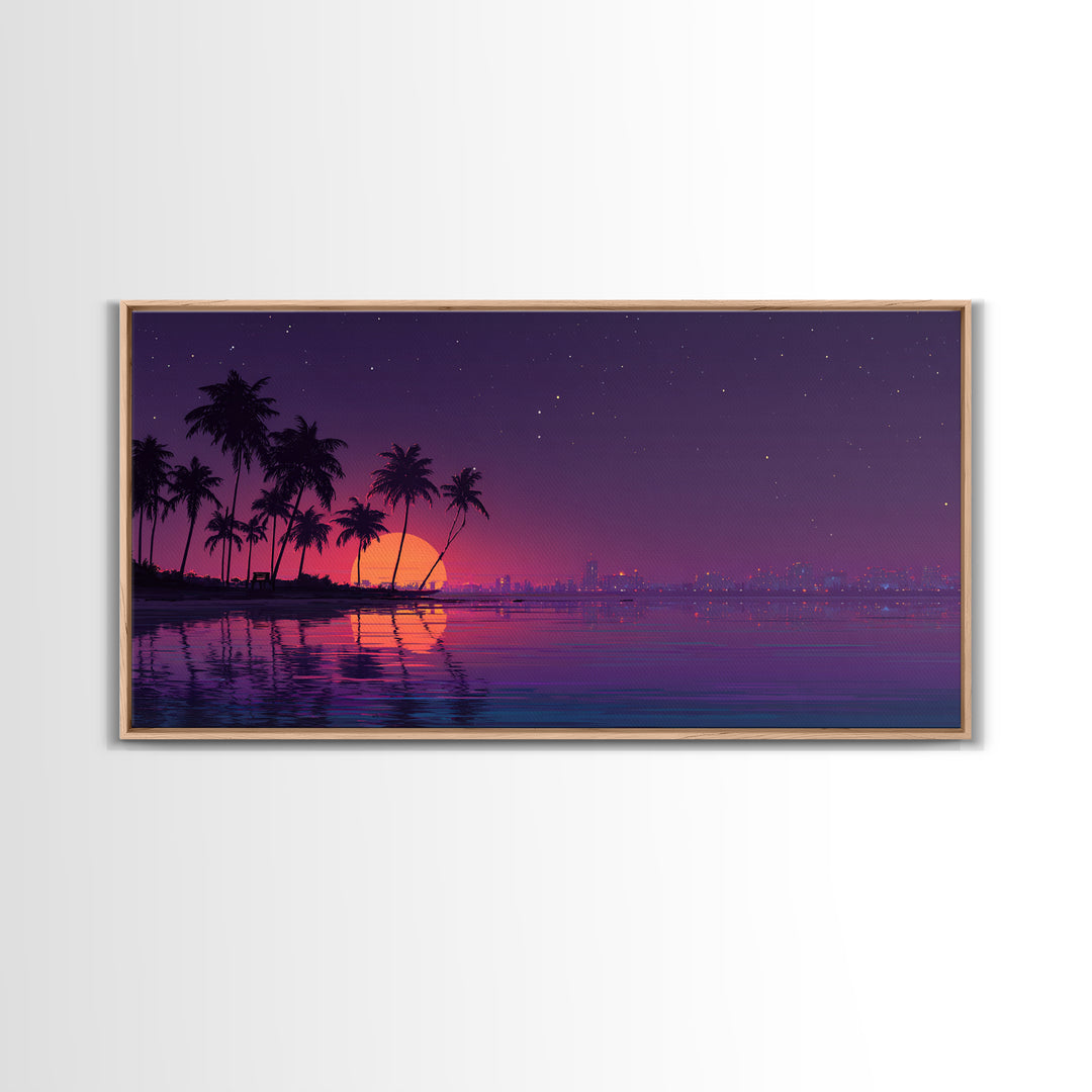 Digital Retro Sunset Beach Scene With Palm Trees Silhouettes Vibrant Coastal Wall Art Modern Wall Art Canvas Print