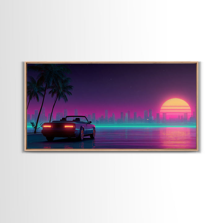 Retro Futuristic Cityscape With Classic Car Neon Colors Digital Art Canvas Print For Living Room Wall Art