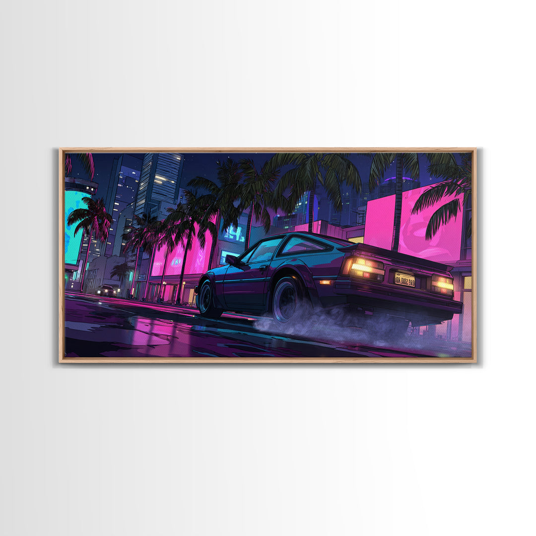 Retro Futurism DeLorean Car In Neon Cityscape Night Urban Wall Art Modern Canvas Print For Office Decor