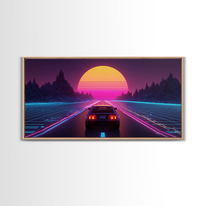 Retro Futuristic DeLorean Car Driving Toward Neon Digital Sun Synthwave Landscape Canvas Print Modern Wall Art For Office Decor