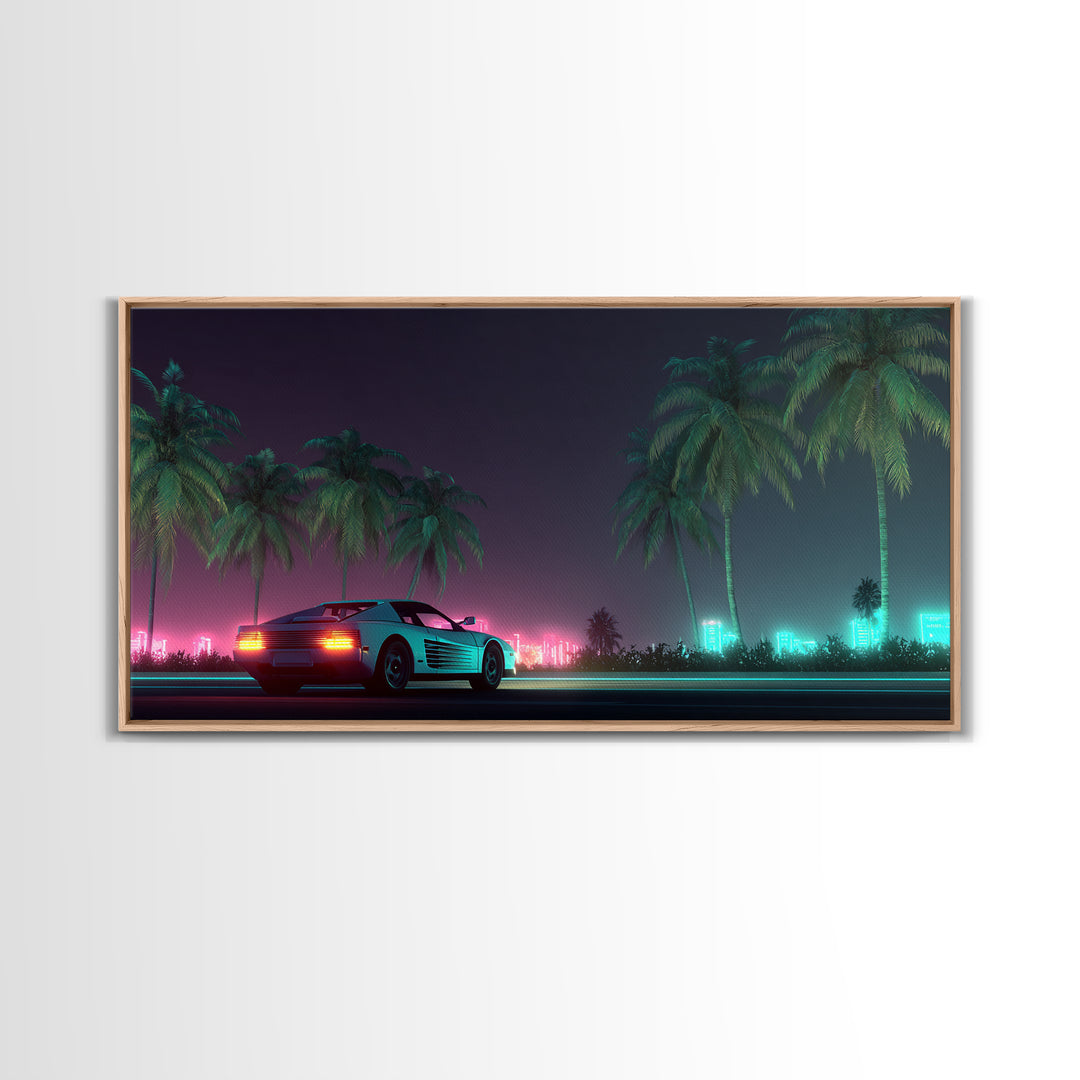 Retro Futuristic Car Neon Night Scene With Palm Trees And City Lights Canvas Print Modern Wall Art For Living Room Decor
