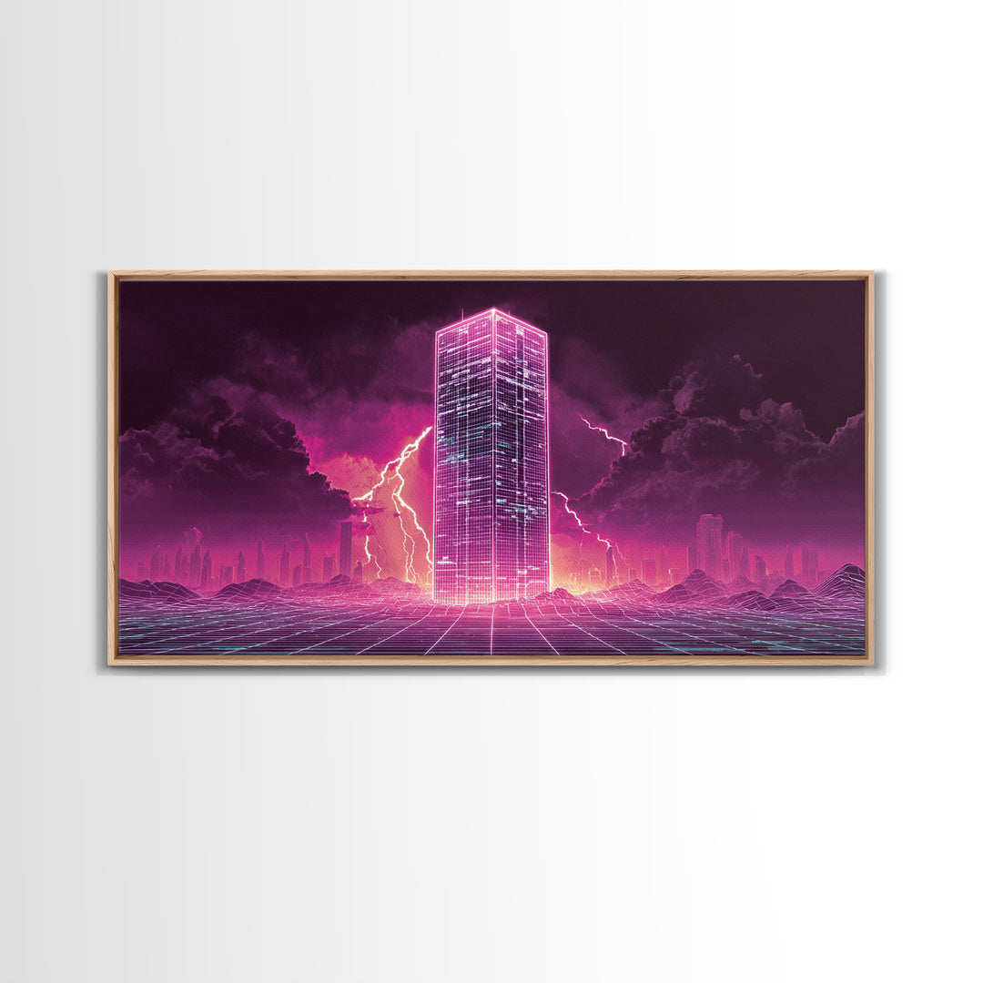 Vibrant Cyberpunk Neon Cityscape With Lightning Night Sky Retro Futuristic Wall Art High Quality Canvas Print