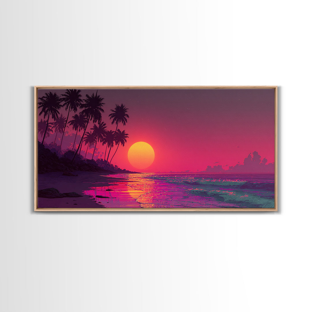 Vibrant Tropical Sunset Over Ocean With Palm Trees Canvas Print Coastal Wall Art Large Contemporary Wall Art For Beach House