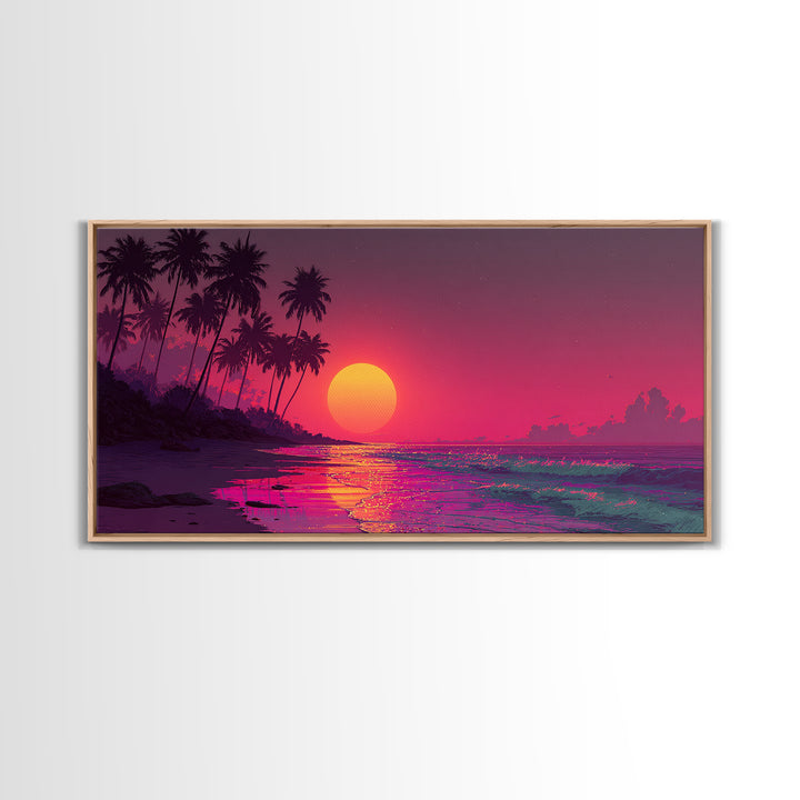 Vibrant Tropical Sunset Over Ocean With Palm Trees Canvas Print Coastal Wall Art Large Contemporary Wall Art For Beach House