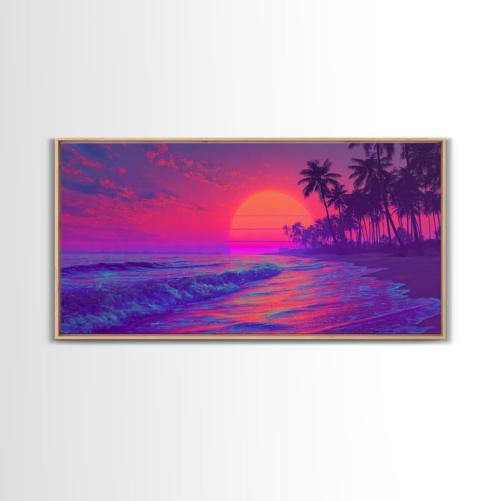 Vibrant Neon Sunset Beach Scene Wall Art With Palm Trees And Pink Purple Sky Canvas Print For Tropical Home Decor