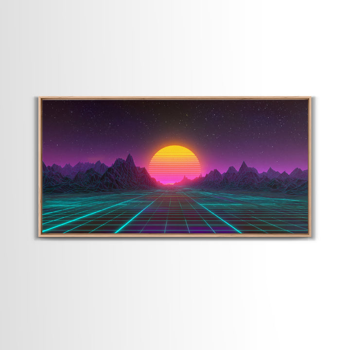Retro Futuristic Neon Sunrise Over Wireframe Mountain Landscape Digital Artwork Canvas Print Wall Art for Modern Room Decor