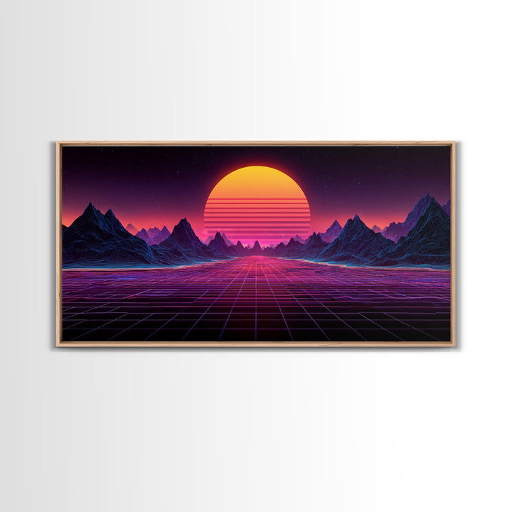 Retro Futuristic Synthwave Landscape With Neon Sun Canvas Print Wall Art For Modern Aesthetic Decor