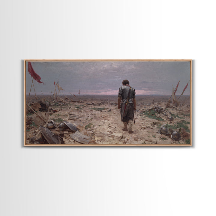 Lone Knight Walking Through Battlefield Wall Art, Medieval Landscape Canvas Print, Dark Academia Office Decor, Gift For Him