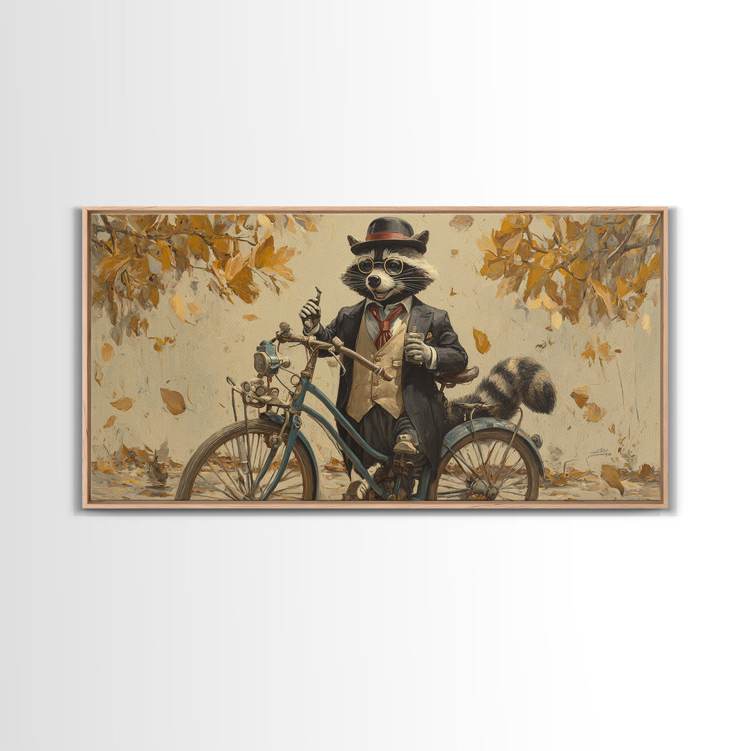 Raccoon Riding Bicycle In Autumn Leaves Wall Art, Whimsical Animal Decor, Funny Woodland Nursery Art, Gift For Her, Kids Room Decor