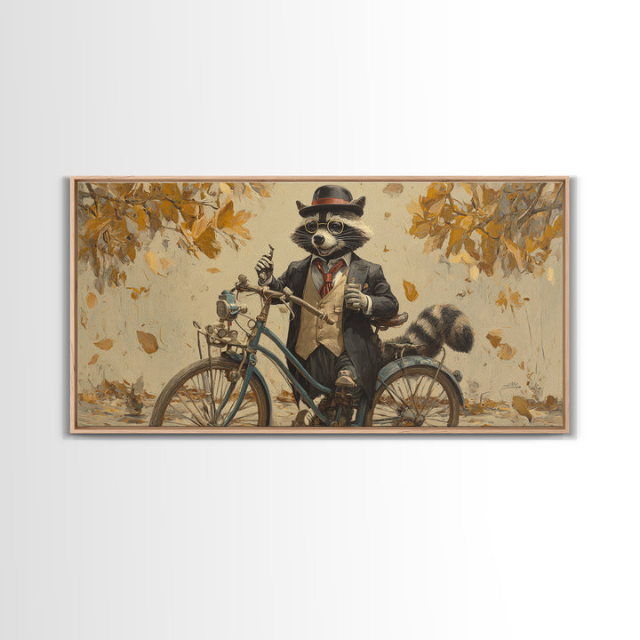 Raccoon Riding Bicycle In Autumn Leaves Wall Art, Whimsical Animal Decor, Funny Woodland Nursery Art, Gift For Her, Kids Room Decor