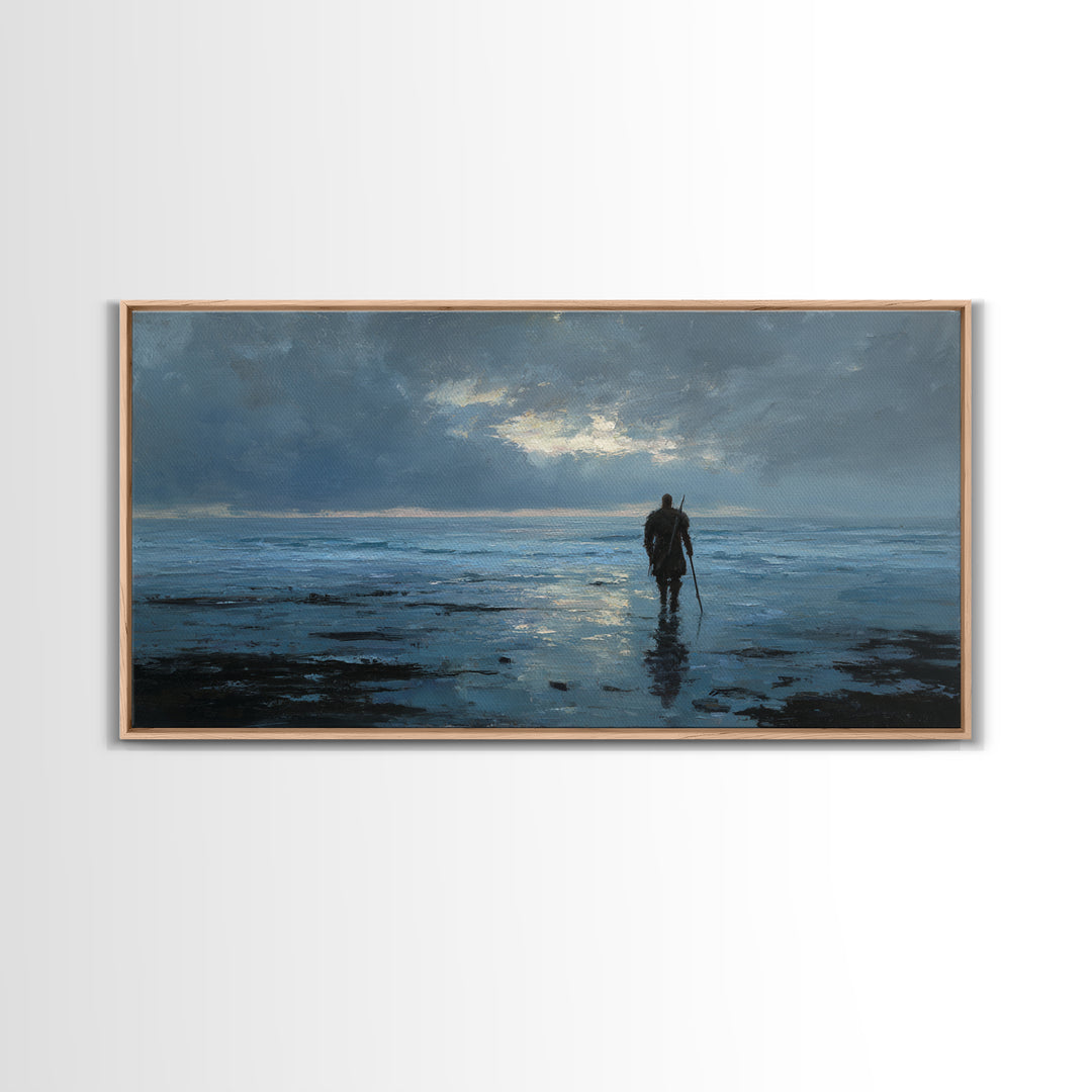 Lone Warrior Wading Through Blue Seascape Wall Art, Moody Ocean Canvas Print For Bedroom Decor And Masculine Office Decor