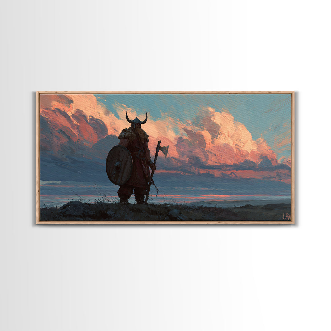 Horned Viking At Sunset Over Fjord Canvas Print, Nordic Landscape Wall Decor, Western Rustic Home Decor, Masculine Art Gift