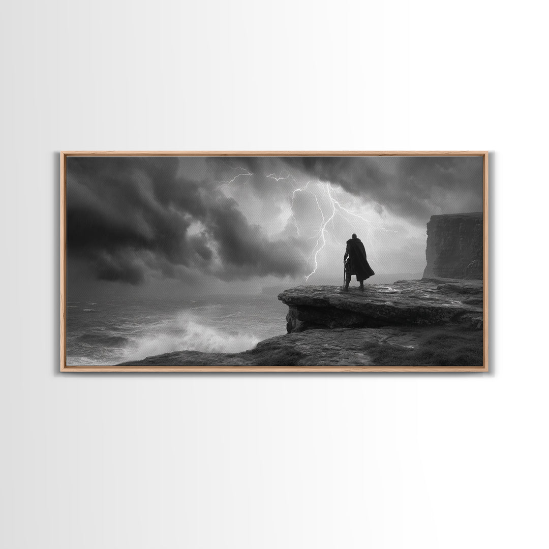 Dark Warrior On Stormy Sea Cliff Wall Art, Black And White Art, Gothic Wall Art, Moody Seascape, Masculine Office Decor