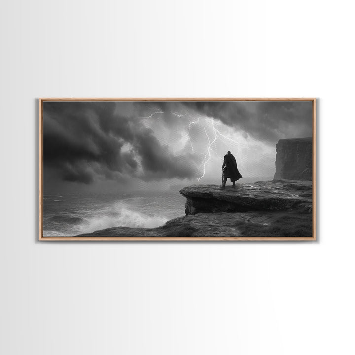 Dark Warrior On Stormy Sea Cliff Wall Art, Black And White Art, Gothic Wall Art, Moody Seascape, Masculine Office Decor