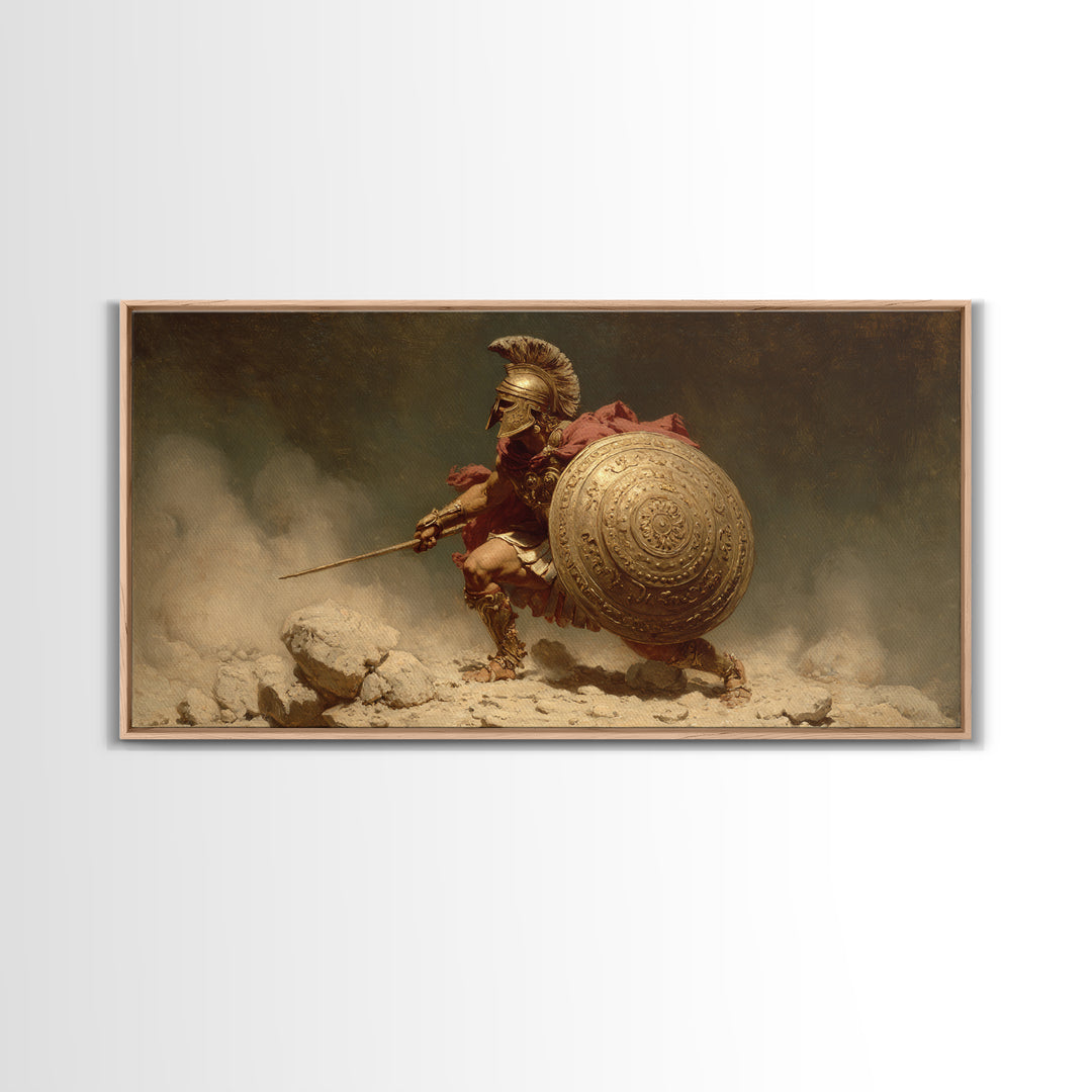 Golden Spartan Warrior With Round Shield Canvas Print, Ancient Greek Wall Art, Mythological Battle Decor For Masculine Office