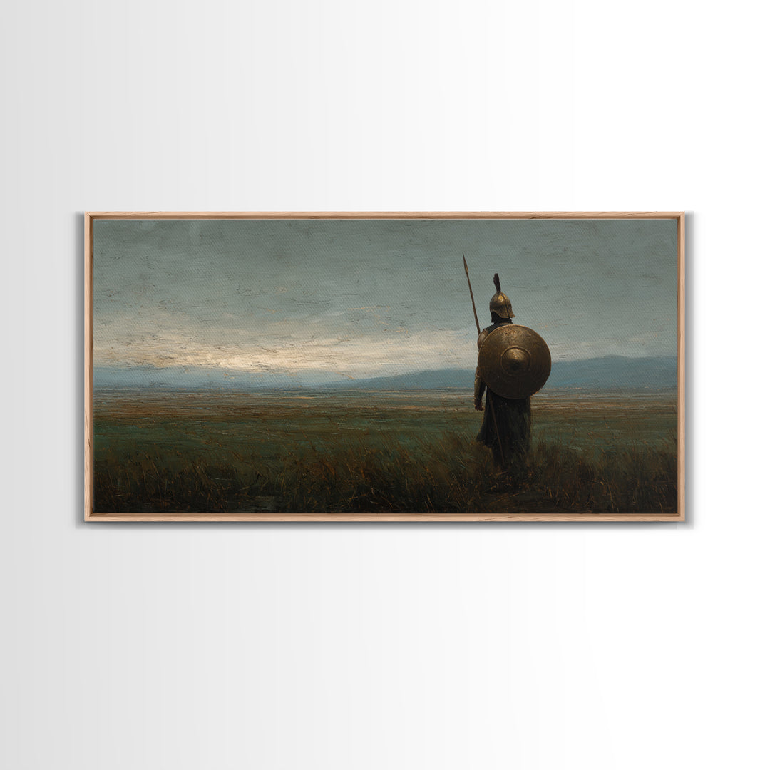 Ancient Shield Warrior In Quiet Field Wall Art Historical Landscape Painting, Greek Soldier Canvas Print For Office Decor