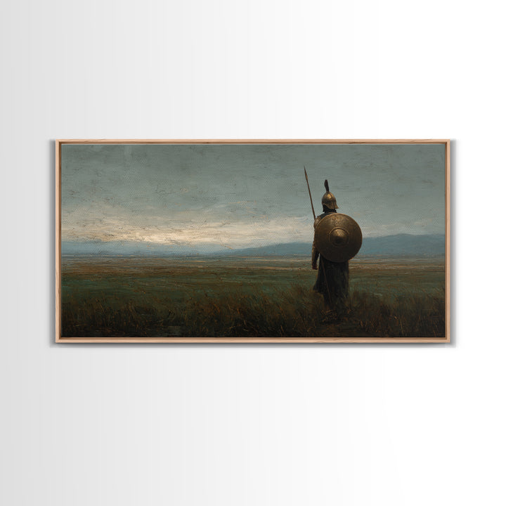 Ancient Shield Warrior In Quiet Field Wall Art Historical Landscape Painting, Greek Soldier Canvas Print For Office Decor