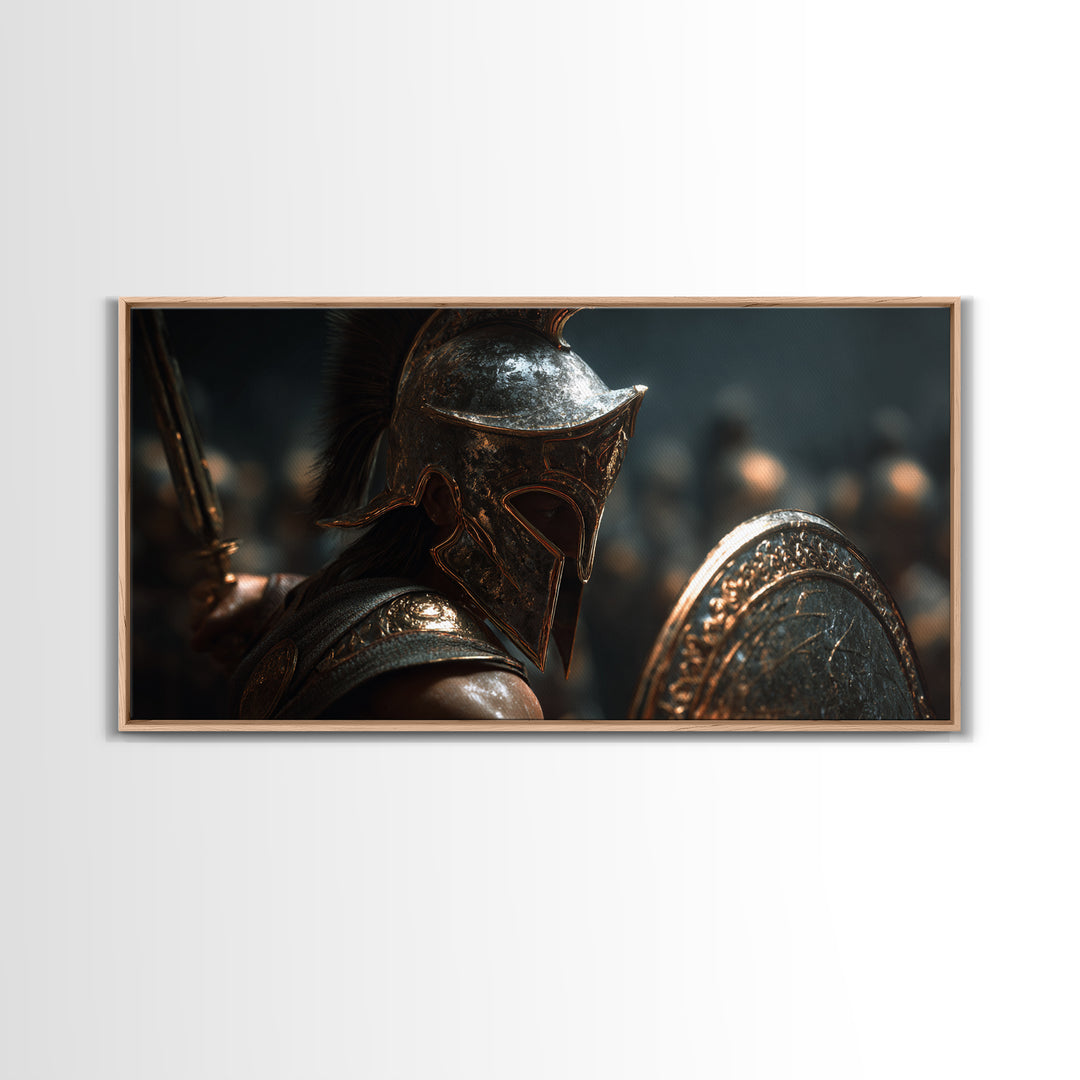 Bronze Spartan Soldier With Shield Framed Canvas Print, Ancient Greek Wall Art, Gladiator Decor, Masculine Office Poster