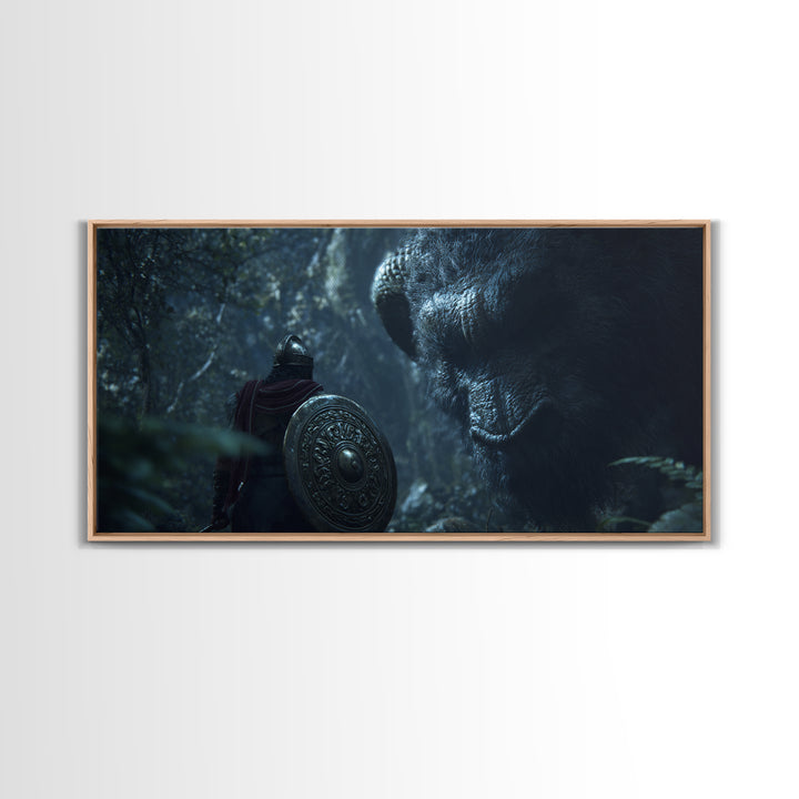 Armored Warrior Facing Giant Forest Bear Framed Canvas Print, Fantasy Art, Animal Wall Art, Dark Wall Art, Unique Gift, Home Decor