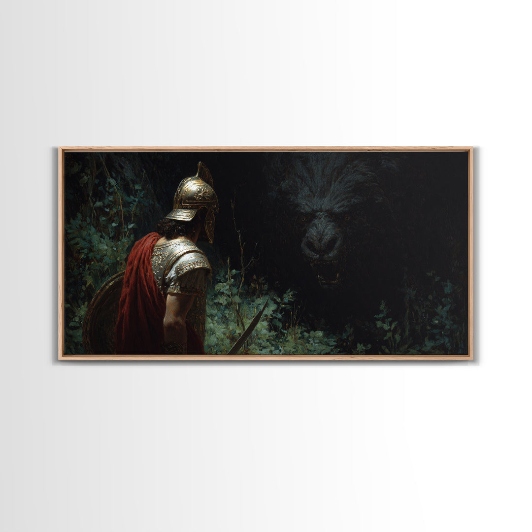 Dark Warrior Facing Bear Framed Canvas Print, Mythic Fantasy Wall Art, Gothic Forest Living Room Decor, Gift For Him, Man Cave