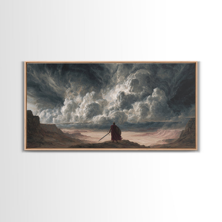 Solitary Warrior Beneath Apocalyptic Storm Canvas Print, Epic Fantasy Wall Art, Dramatic Landscape Decor For Living Room