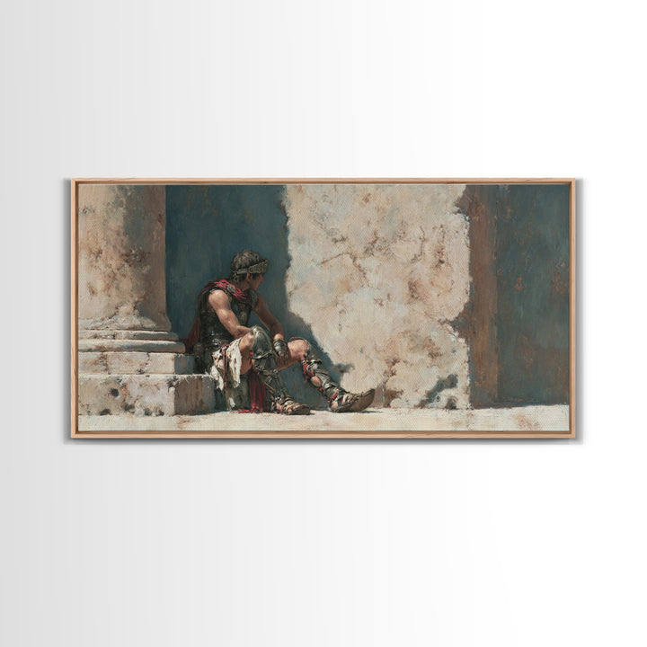 Resting Roman Gladiator In Sunlit Stone Hall Wall Art, Historical Warrior Framed Canvas Print For Classical Home Decor Gift