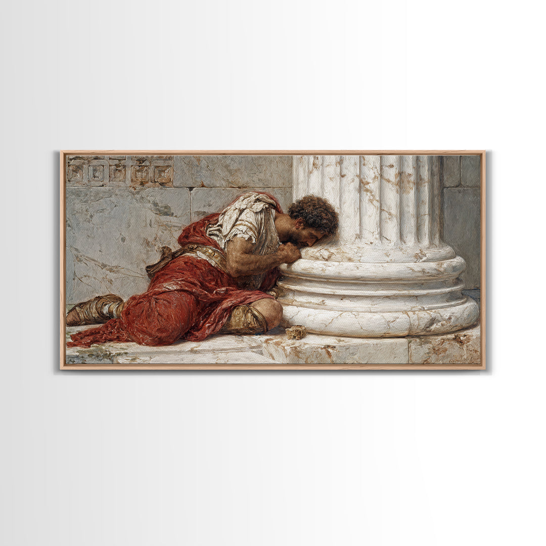 Wounded Roman By Marble Column Framed Canvas Print, Classical History Wall Art, Dark Academia Decor, Ancient Rome Artwork