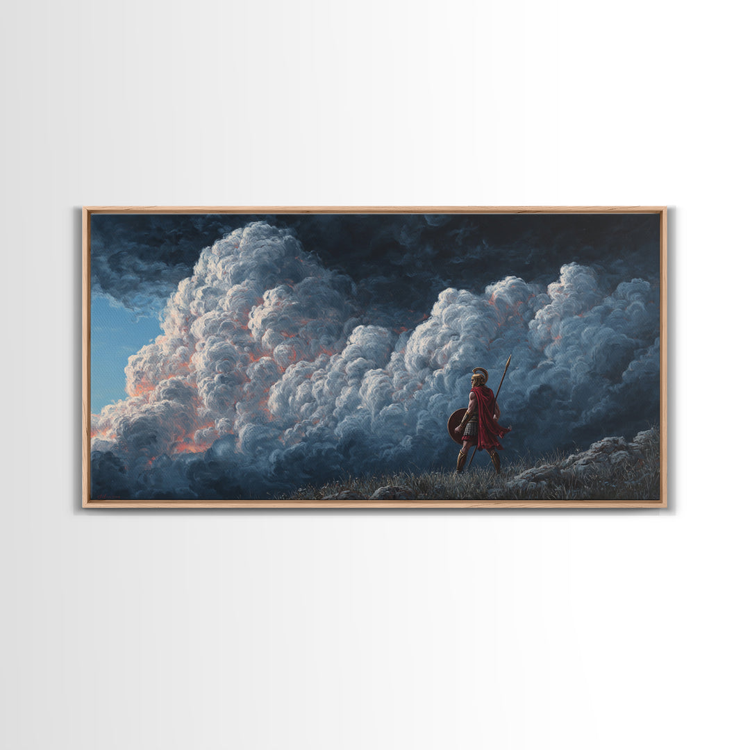 Small Warrior Before Towering Storm Clouds Wall Art, Dramatic Fantasy Canvas Print For Kids Room Decor And Moody Home Decor