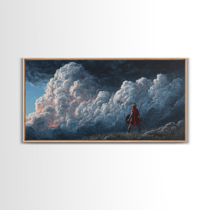 Small Warrior Before Towering Storm Clouds Wall Art, Dramatic Fantasy Canvas Print For Kids Room Decor And Moody Home Decor
