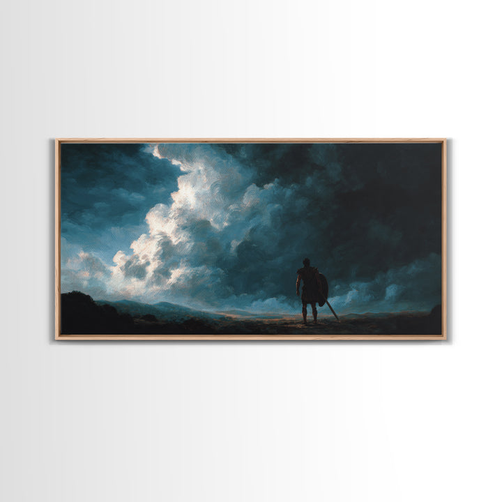 Lone Warrior Beneath Storm Clouds Canvas Print, Moody Landscape Wall Art, Dark Fantasy Decor, Masculine Office Art, Gift For Him