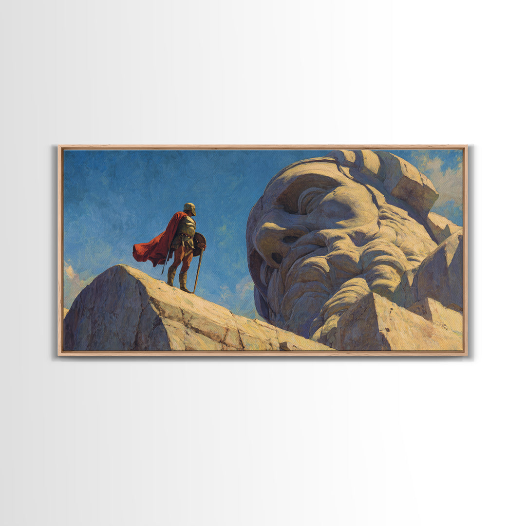 Knight Beside Giant Ancient Statue Wall Art, Epic Fantasy Landscape, Medieval Canvas Decor, Dramatic Office Art Print For Living Room