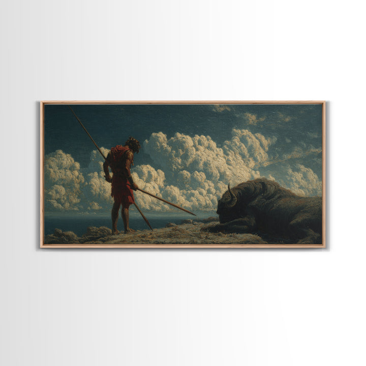 Ancient Spear Hunter And Bison Wall Art, Mythological Warrior Painting, Rustic Wildlife Decor, Epic Fantasy Home Decor Gift