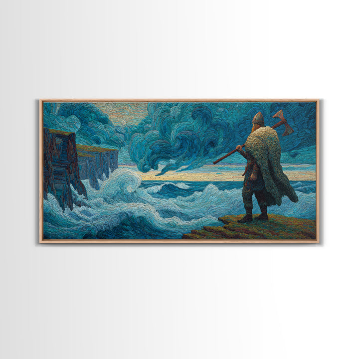 Viking Warrior Facing Blue Storm Waves Wall Art, Nautical Art, Fantasy Art, Textured Wall Art, Ocean Wall Art, Coastal Decor