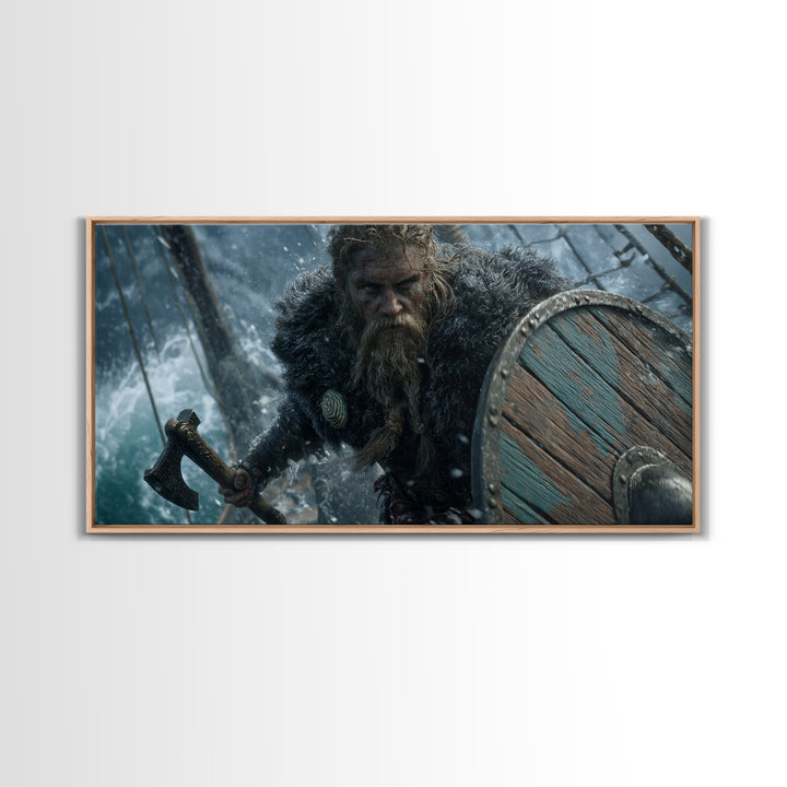Dramatic Viking Warrior With Beard Holding Axe And Wooden Shield Battle Scene Wall Art Canvas Print