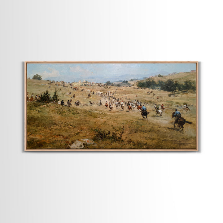 Cavalry Charge Across Rolling Hills Wall Art, Historical Battle Canvas Print For Rustic Living Room Decor And Office Decor