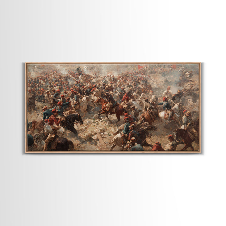 Panoramic Cavalry Charge In Dusty Battle Wall Art, Historic War Canvas Print, Large Living Room Decor, Equestrian Art Print