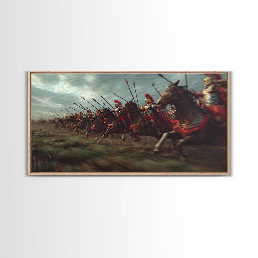 Ancient Cavalry Charge Across Battlefield Wall Art, Horse Racing Battle Canvas Print, Greek Warrior Decor, Dramatic History Poster