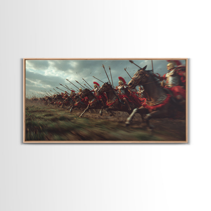 Ancient Cavalry Charge Across Battlefield Wall Art, Horse Racing Battle Canvas Print, Greek Warrior Decor, Dramatic History Poster