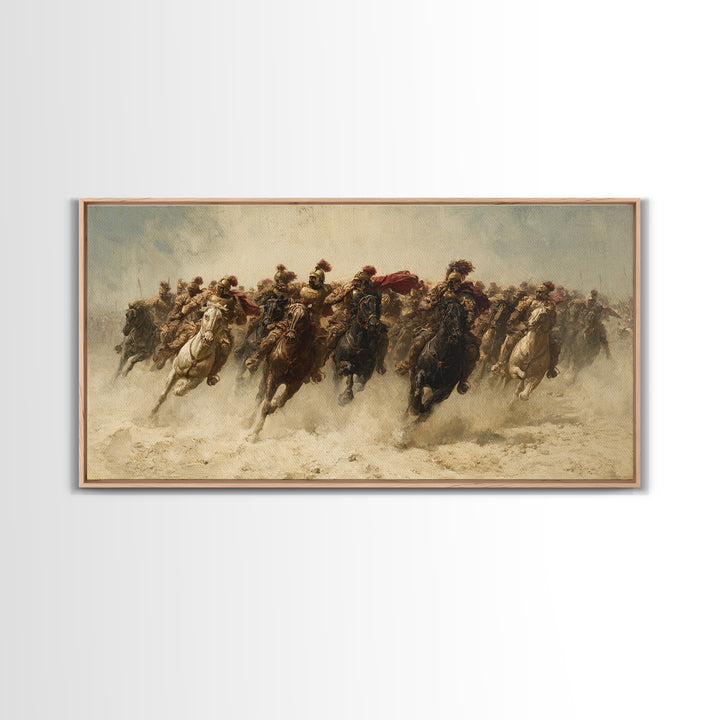 Charging Cavalry Across Dusty Plains Canvas Print, Equestrian Battle Wall Art, Western Horse Decor, Statement Living Room Art