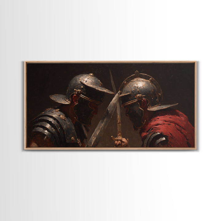Close Combat Helmeted Knights Crossing Swords Framed Canvas Print, Medieval Duel Wall Art, Dark Academia Office Decor Gift