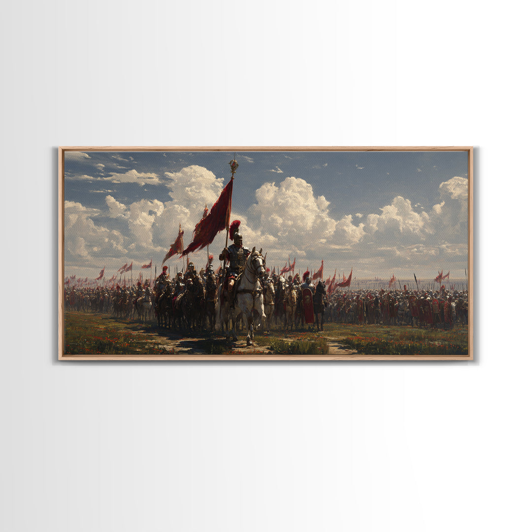 Mounted Knight Army With Red Banner Framed Canvas Print, Medieval Battle Wall Decor, Historical Art, Living Room Decor, Statement Artwork