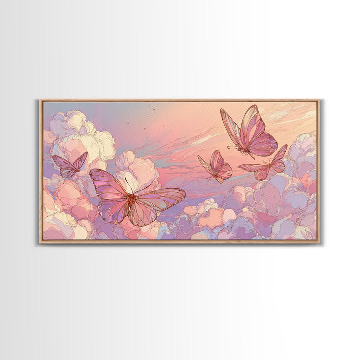 Pastel Butterfly Clouds Wall Art, Dreamy Pink Sky Illustration, Whimsical Nursery Decor, Celestial Bedroom Print For Girls Room