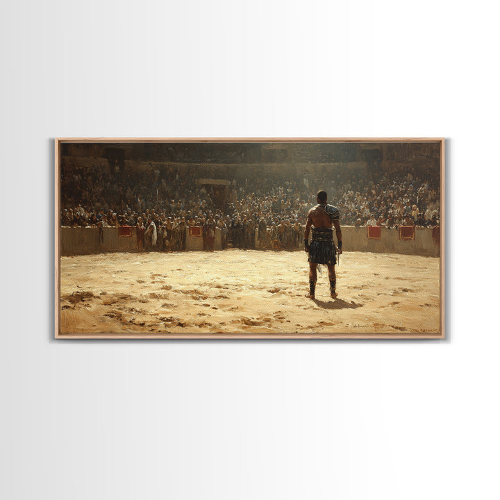 Gladiator Facing Roaring Arena Wall Art, Ancient Rome Warrior Canvas Decor, Historical Battle Painting For Man Cave Decor