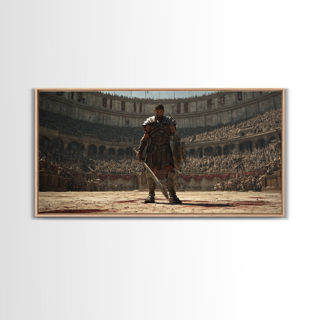 Majestic Gladiator In Arena With Sword And Shield Large Wall Art Framed Canvas Print For Man Cave Decor And Historical Art Prints