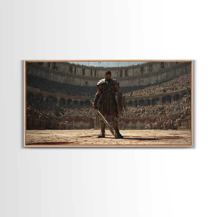 Majestic Gladiator In Arena With Sword And Shield Large Wall Art Framed Canvas Print For Man Cave Decor And Historical Art Prints
