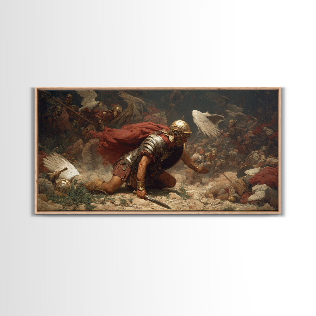 Fallen Roman Soldier In Chaotic Battle Framed Canvas Print, Classical War Wall Decor, Baroque History Art, Dark Academia