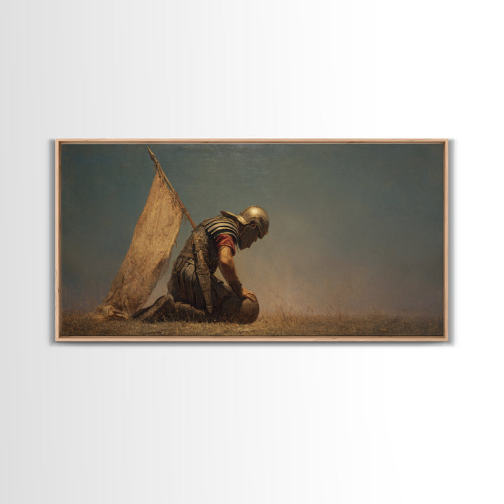 Kneeling Ancient Soldier Beside Tent Canvas Print, Historical Warrior Wall Art, Desert Battlefield Decor, Masculine Gift For Him