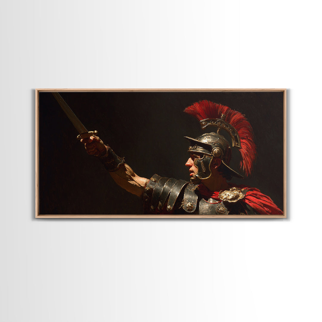Roman Centurion Raising Sword Framed Canvas Print, Ancient Warrior Wall Art, Dark Academia Decor, Gift For Him, Masculine Office Decor
