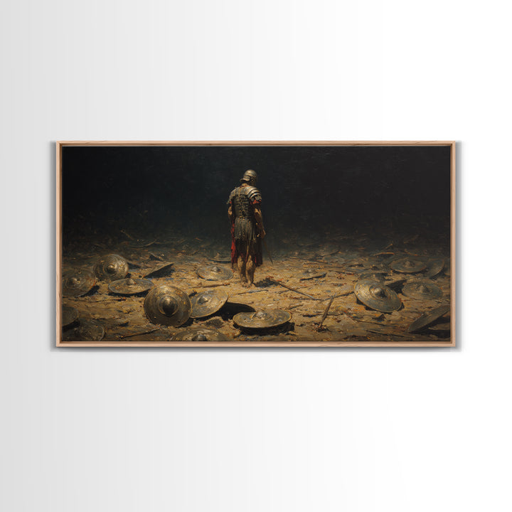 Lone Roman Warrior On Battlefield Framed Canvas Print, Dark Historical Wall Art, Moody Ancient Decor, Masculine Office Art